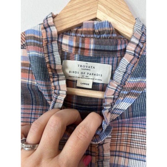 NWT Birds of Paradis By Trovata Ruffle Breezy Blouse Eclipse Plaid Button Down - Picture 4 of 7